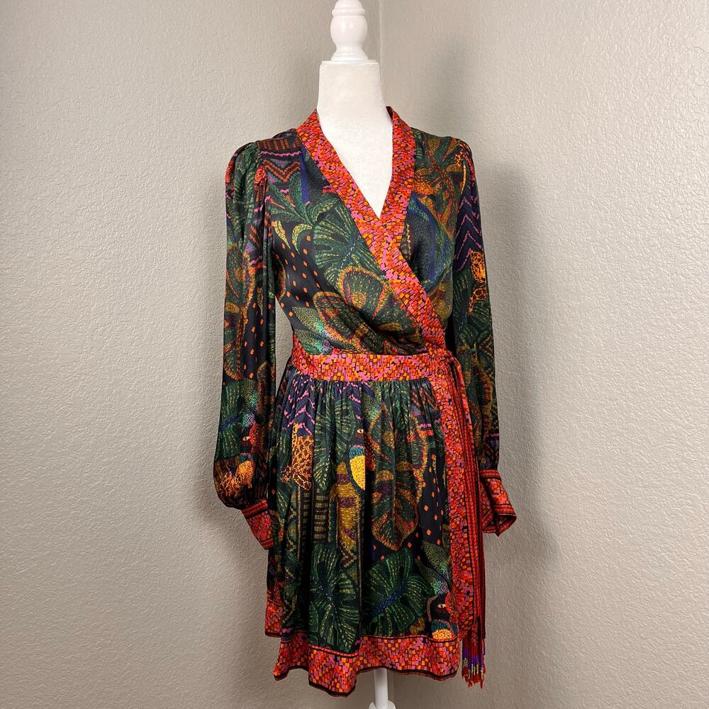 Farm Rio Womens Size Medium Colorful Forest Leopard Tapestry Viscose Wrap Dress
